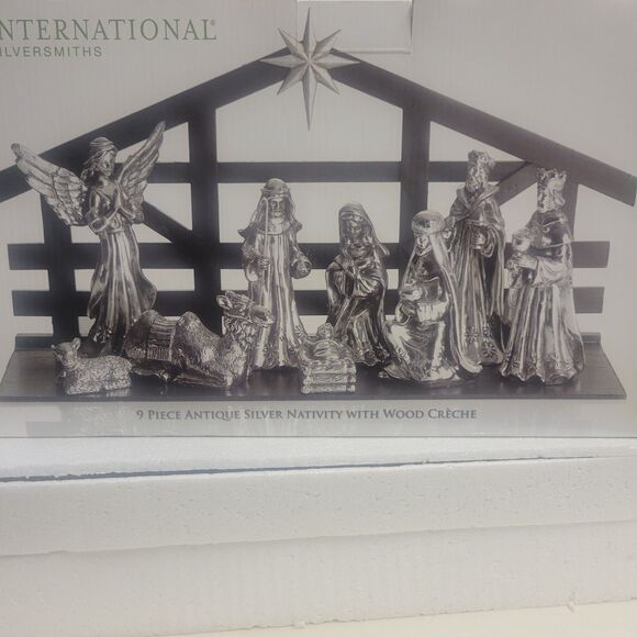 9 Piece antique Silver nativity with wood Creche Christmas  in Original Open Box - Picture 4 of 15